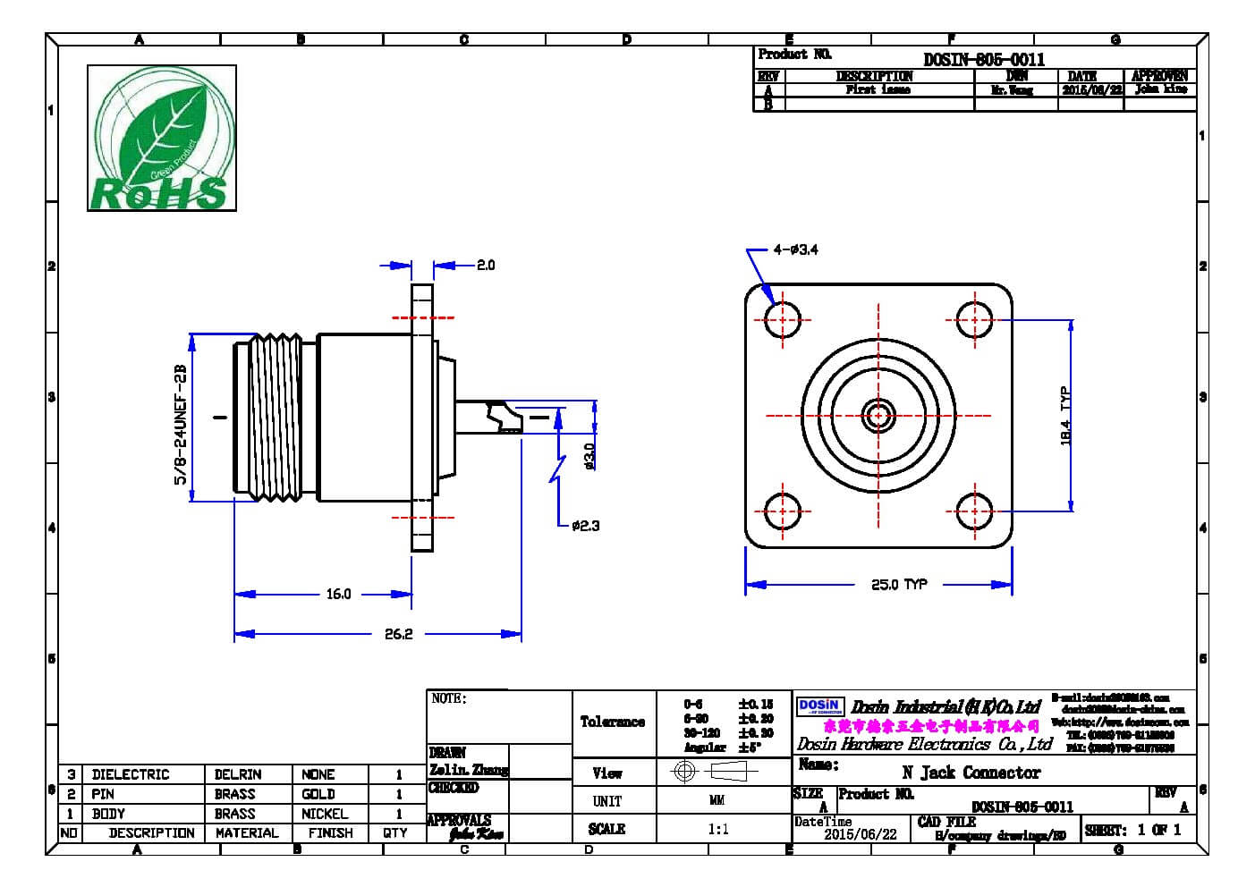 Type N Female Connector 4 Hole Square Flange Straight for Panel Mount