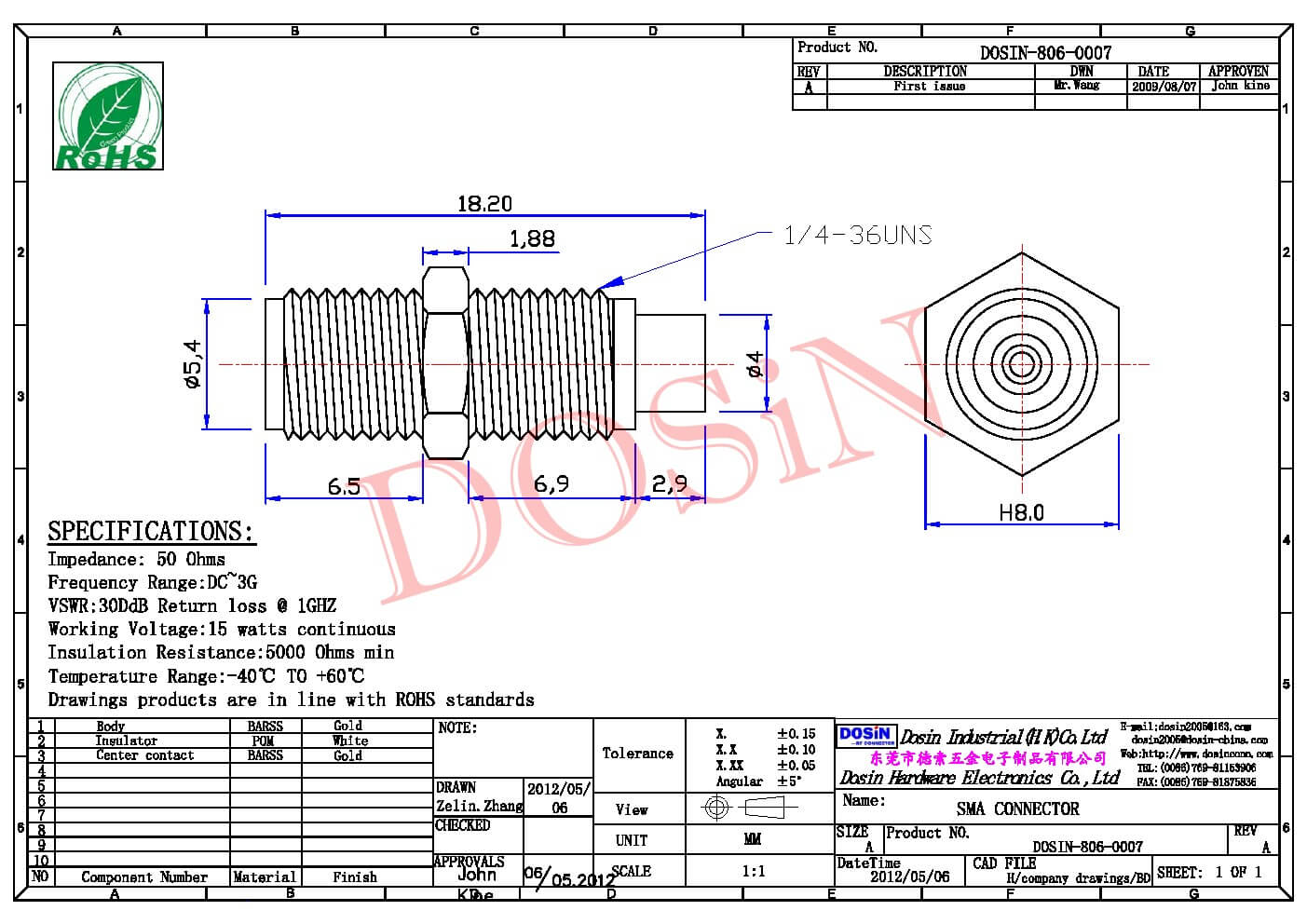 SMA Connector Coaxial Cable Jack Bulkhead Receptacle - Dosin Electronics