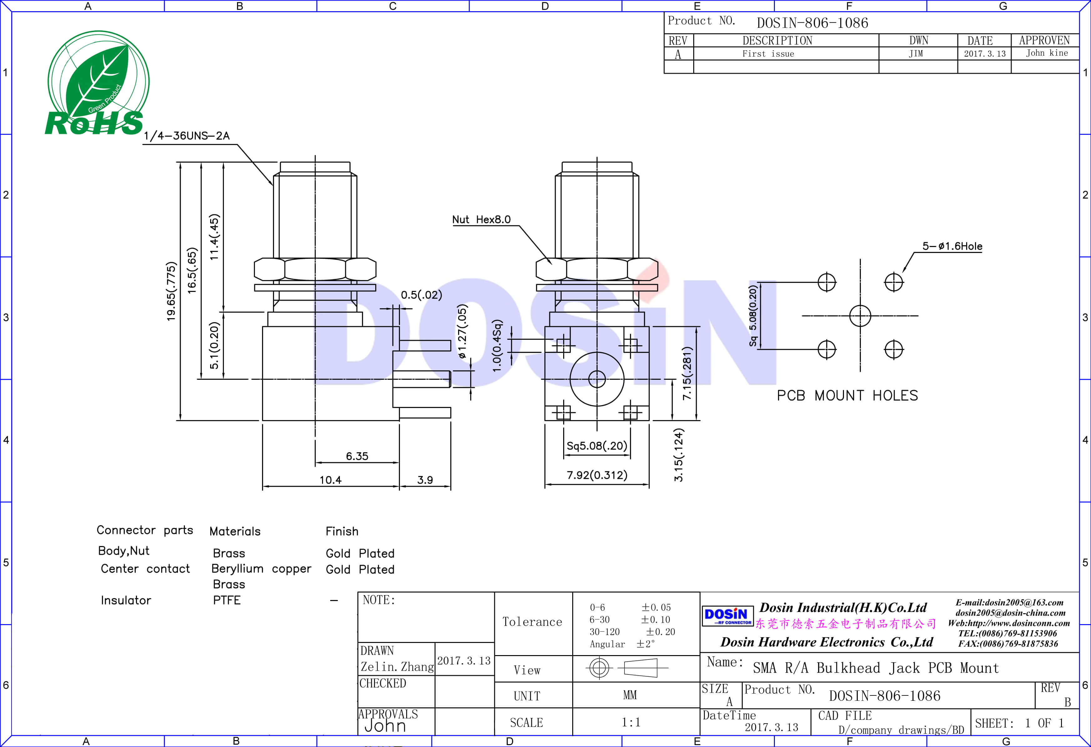 sma bulkhead connector threads angled female for pcb mount