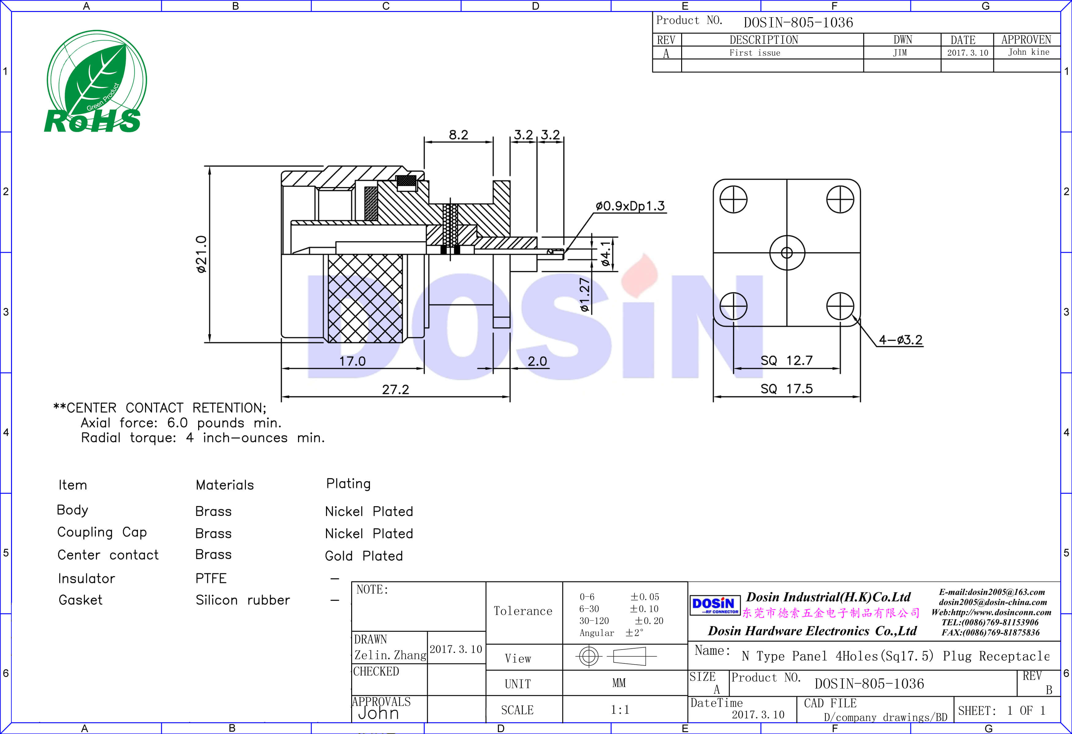 N Type Male Panel Mount Connector 180 Degree with 4 Holes Flange